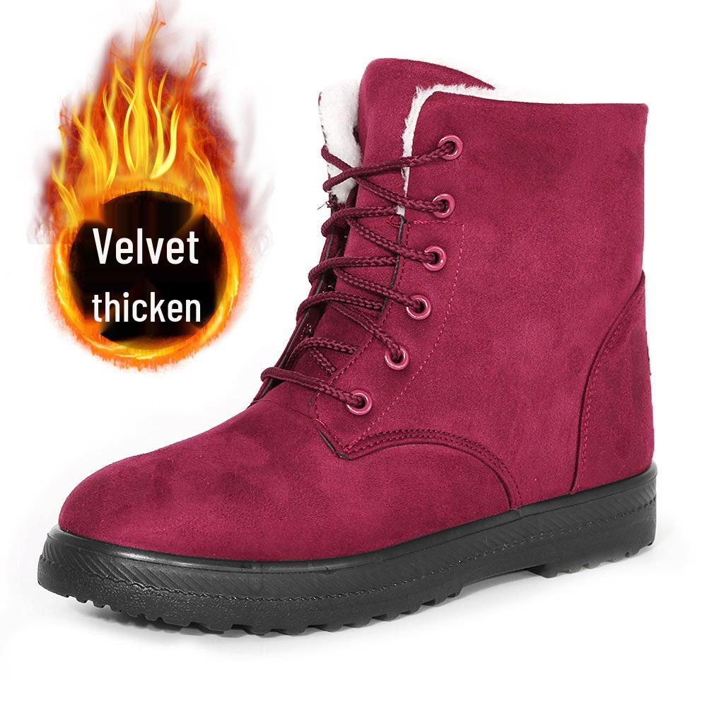 Korean Style High-top Snow Boots for Men and Women, Plus Size, with Velvet Lining and Front Lace-up.