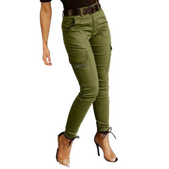 Damen Cargohose Unifarbe Mittelhoch Knopf Reißverschluss Verschluss Lässige Hose Mehrere Taschen Design Elastische Bündchen Lange Hose