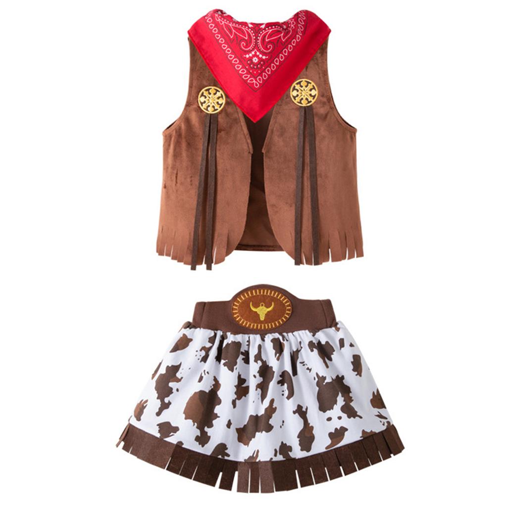 Ținută de Rol Cowgirl Pentru Fete Costum cu Tematică Western din 4 Piese Vestă Pantaloni Pălărie și Fustă Scurtă