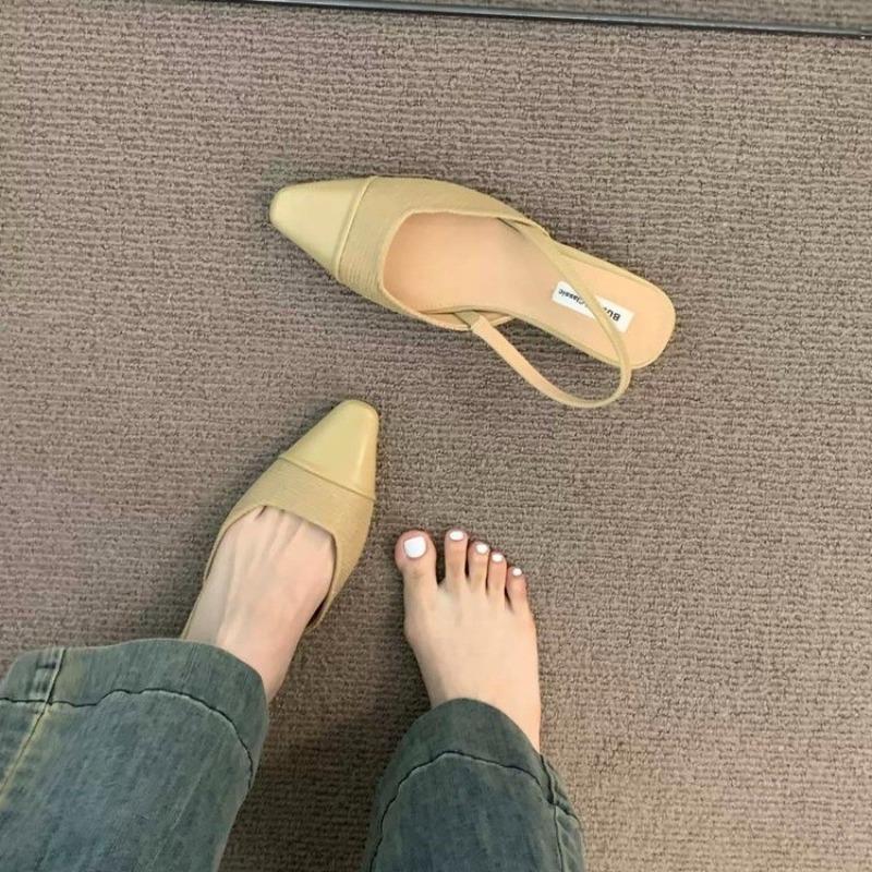 Niedrige Absätze Baotou Sandalen Damen Französische Nude-Farbe Spitz Kleine Duftender Stil Slingback Dicke Absätze Rücken Luft Stil Einzelne Schuhe