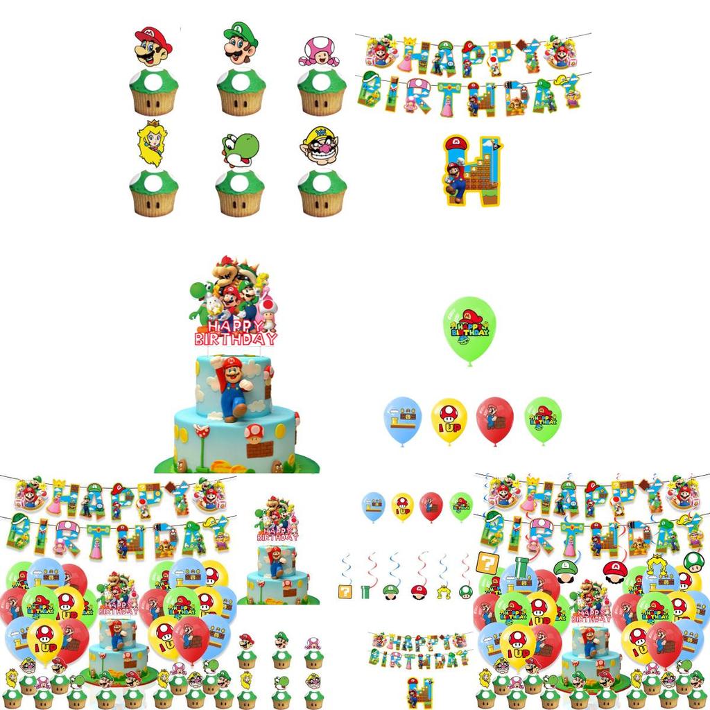 Mario Theme Party Decorations Set Flags, Cake Toppers, Balloons, And Spirals For An Amazing Party Atmosphere!