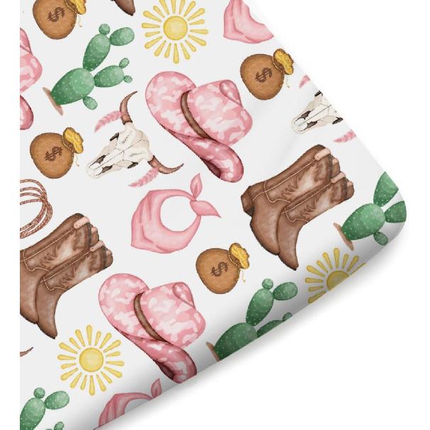 Pink Western Cowgirl Cowboy Fitted Baby Crib Sheet for Boy Girl 52"x28" Desert Cowboy Hat Boot Sun Cactus Soft Breathable Baby Crib Mattress Bed