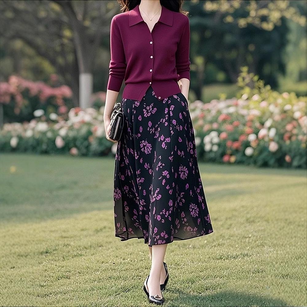 Spring & Autumn Casual Elegant Knit Sweater & Floral Midi Skirt Set for Middle-Aged Women
