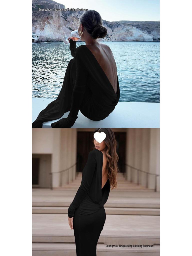 Elegant European & American Women's Backless Long Sleeve Evening Gown - Autumn/Winter Collection