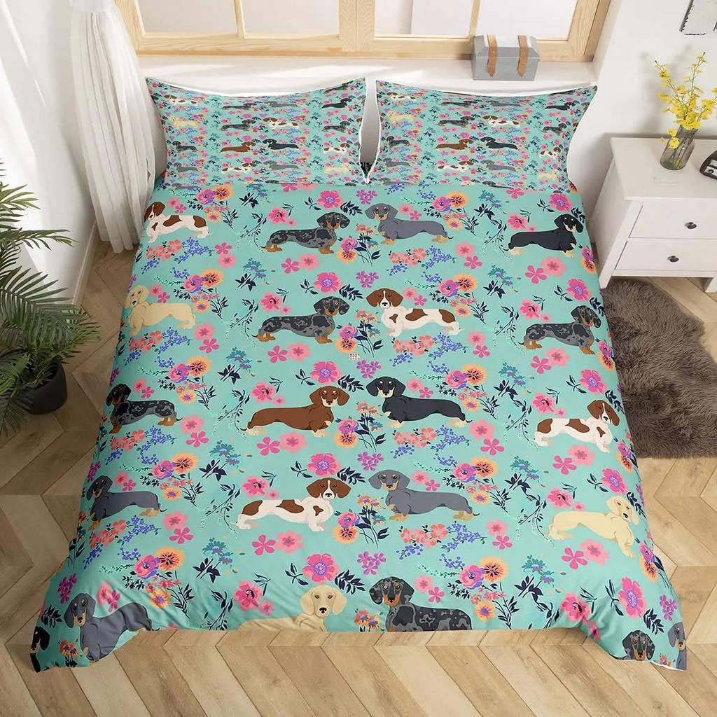 Dachshund Theme Duvet Cover Set Cartoon Puppy Bedroom Quilt Cover Three-Piece Bedspread