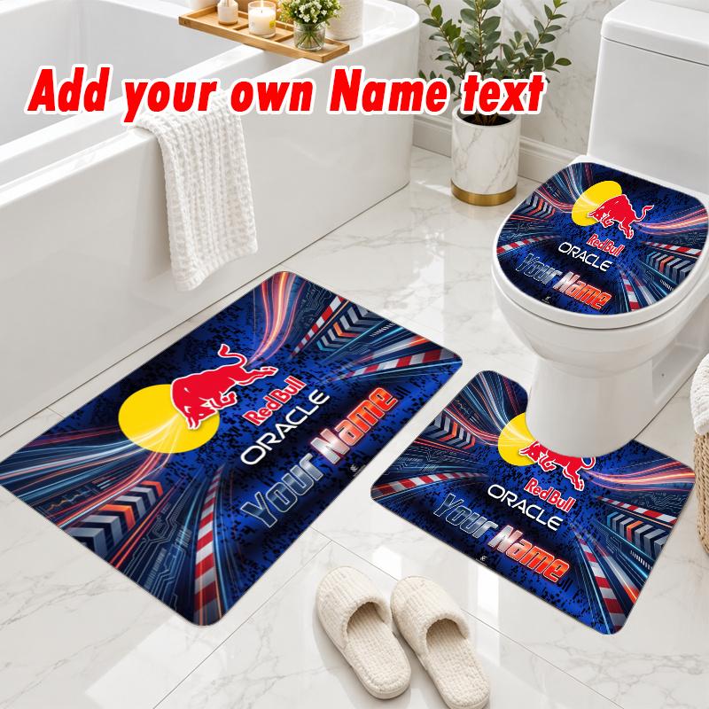 Personalized Red Bull Racing 3Pcs Flannel Toilet Mat Set Custom Text Bathroom Rug Non Slip