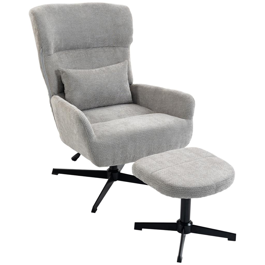 360 degrees Swivel Lounge Chair with Stool, Height-Adjustable, Chenille Cover, with Lumbar Cushion, Cream White