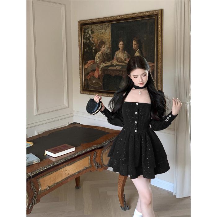 Summer Jacquard Doll Dress Bubble Sleeve Dress French Retro Style Sweet Splicing Square Neck Princess Dress Elegant S