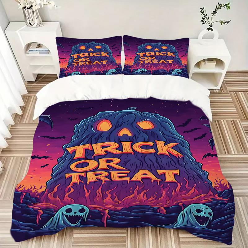 3PCs Trick-or-treat, Halloween Design Cover Set, Breathable Fabric, Machine Washable (1 Duvet Cover + 2 Pillowcases) (Without Quilt) Yy250911128