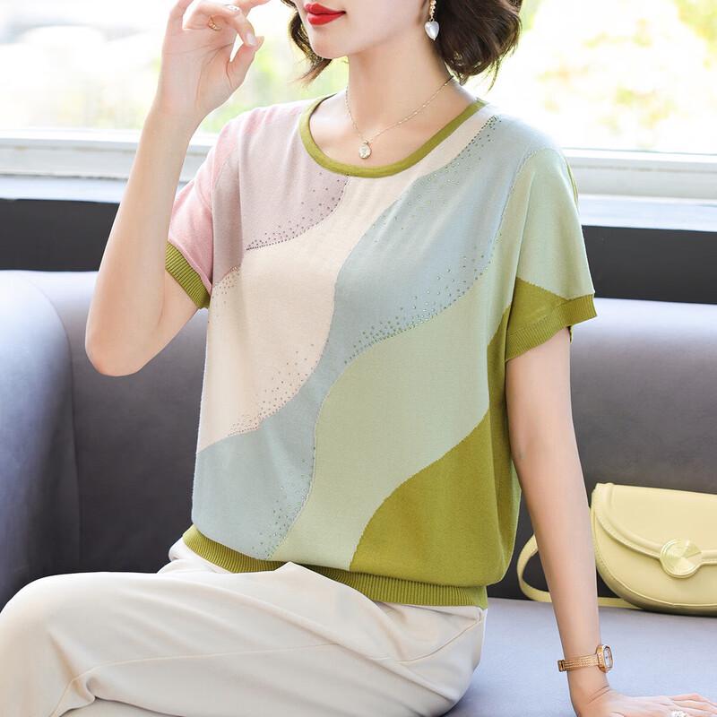 

Women s Summer Rhinestone Colorblock Knit T-Shirt XL