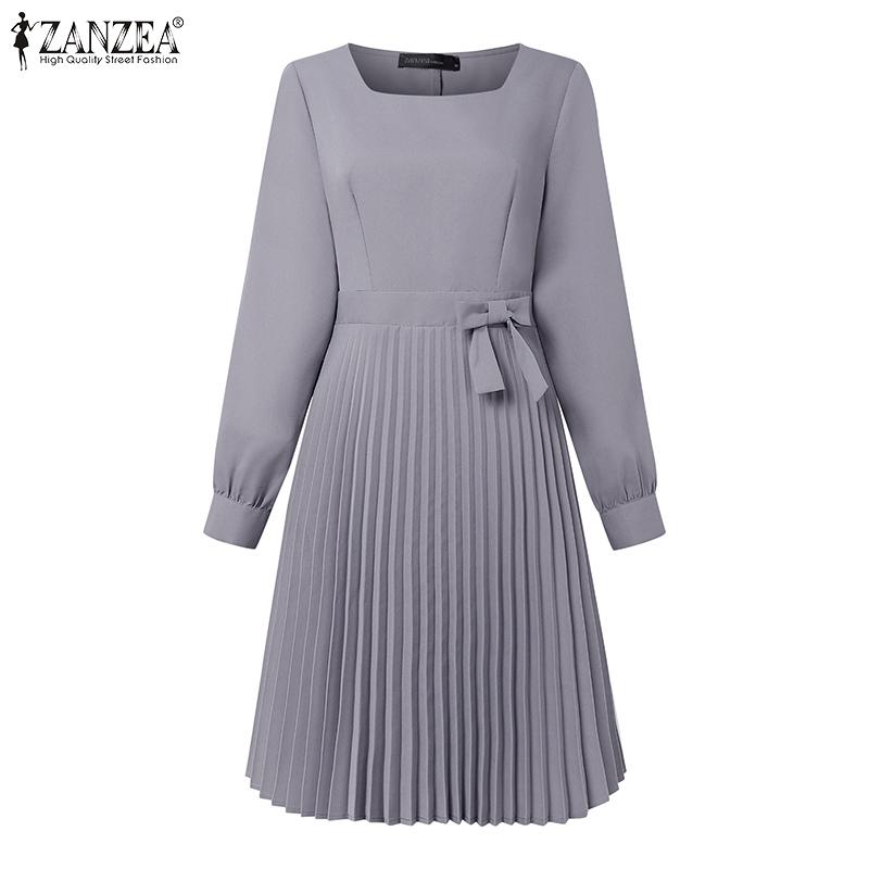 ZANZEA Women Square Neck Casual Long Sleeve Pleated Dress