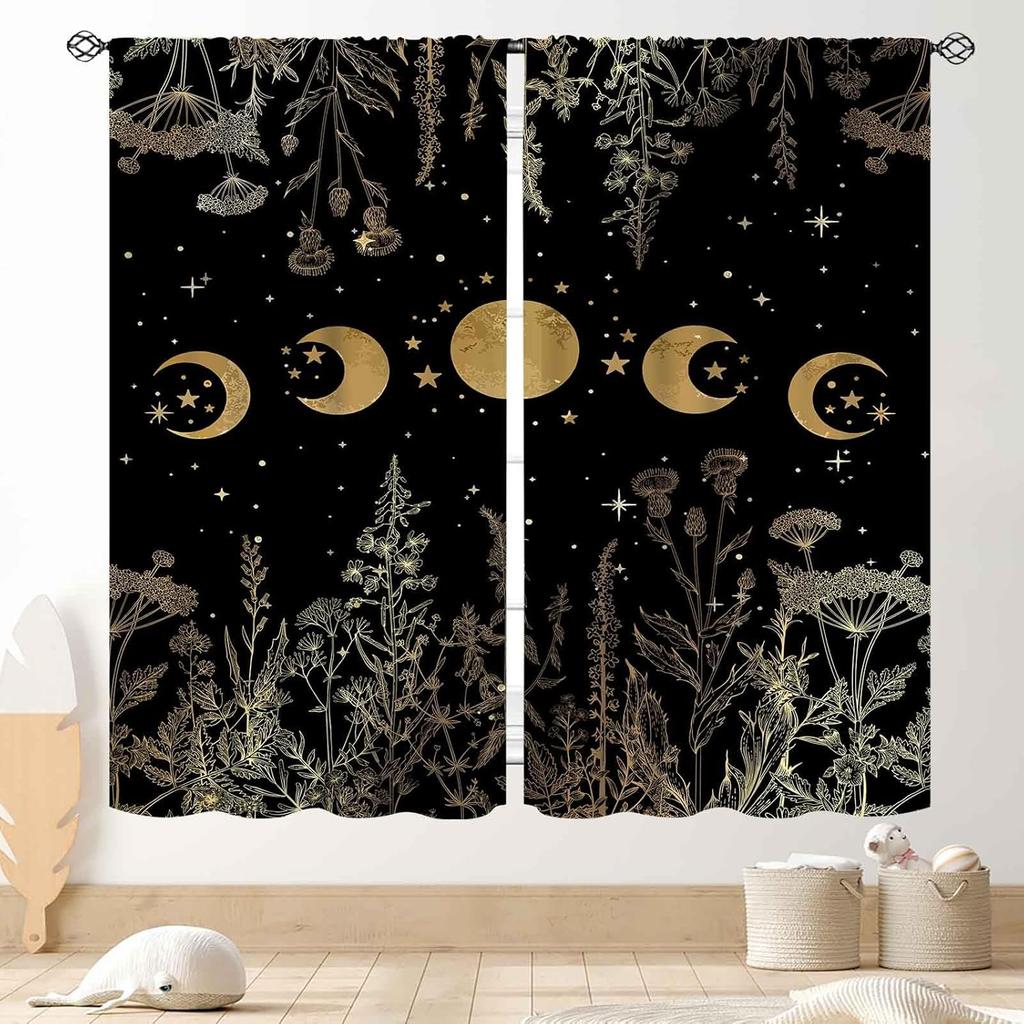 Wild Floral Moon Curtains, Boho Vintage Moon Phase Botanical Mid Century Moonlit Plants Aesthetic Spring Flower Blackout Window