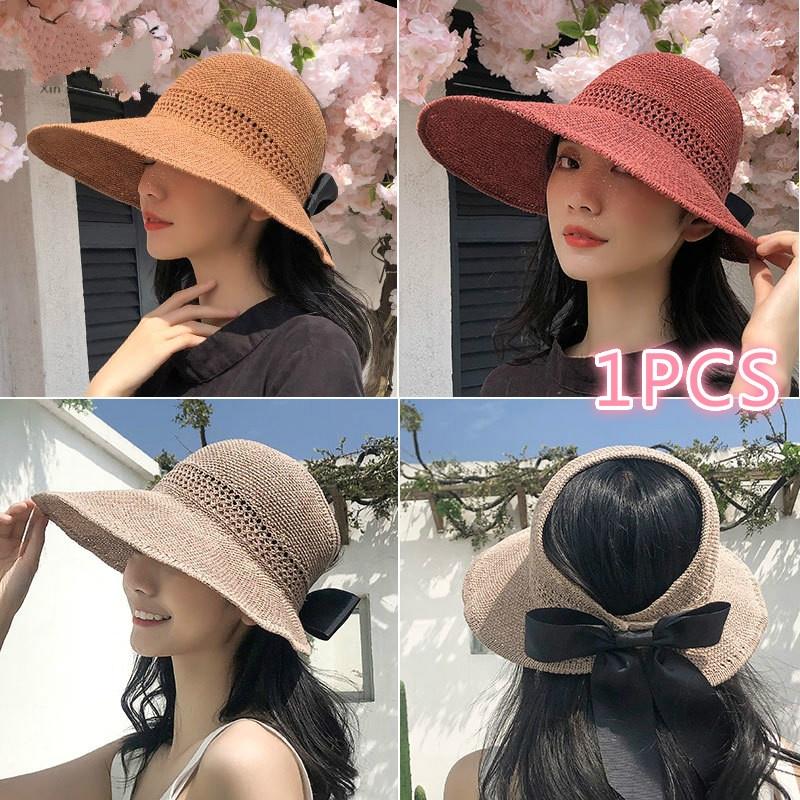 New Knitted Empty Top Hat Female Summer Sunscreen Bow Big Hat Straw Hat Outdoor Sun Hat