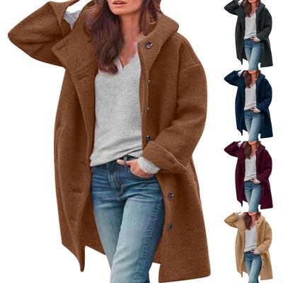 Womens Solid Color Jacket Casual Loose Fit Button Coats Button Up Long Sleeve Outerwear With Pocket, Hooded Overcoat
