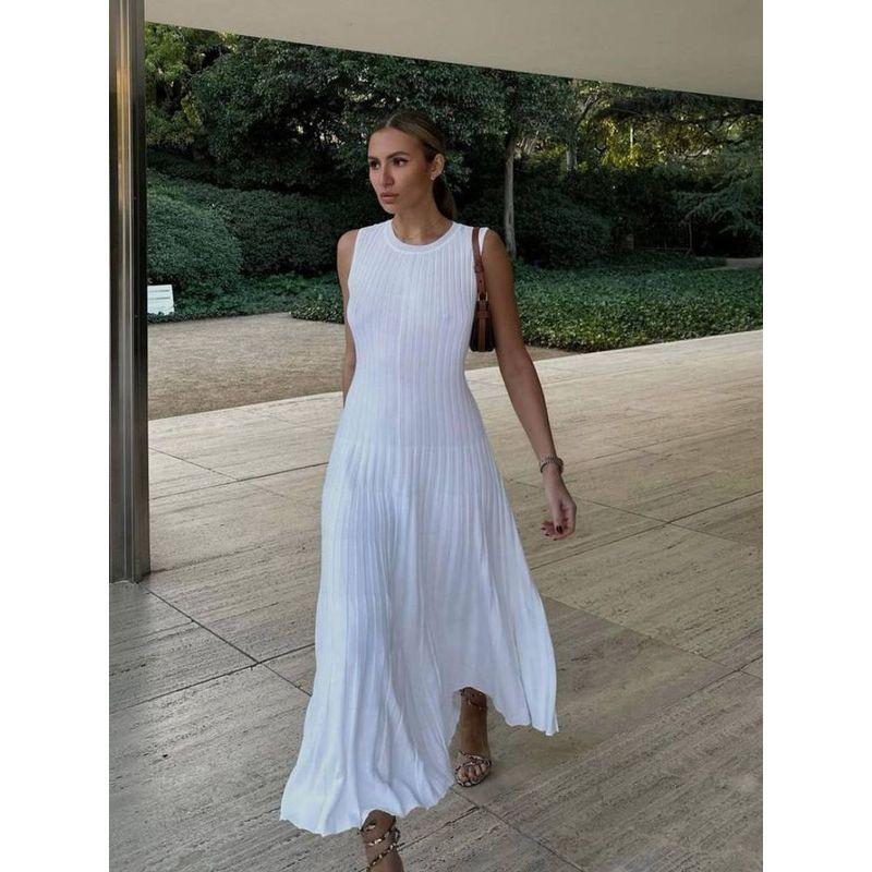 Pleated Long Skirt Summer Women clothes Slim fit High Waist Sling Knitted dress Vacation Pleated Long dress