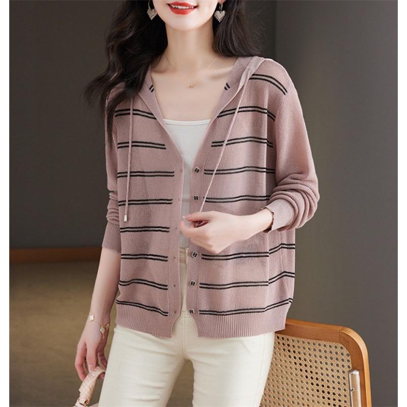 Striped Hooded Sun Protection Cardigan for Women Loose and Slimming Knitted Shirt Sweater