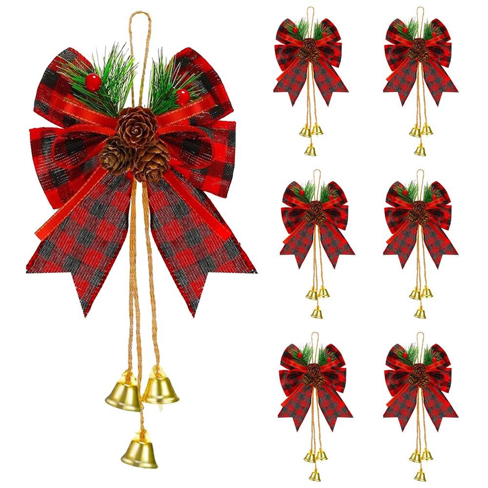 

Декор из клетчатой ткани буффало, Рождественские банты, Сосновые шишки, Колокольчики