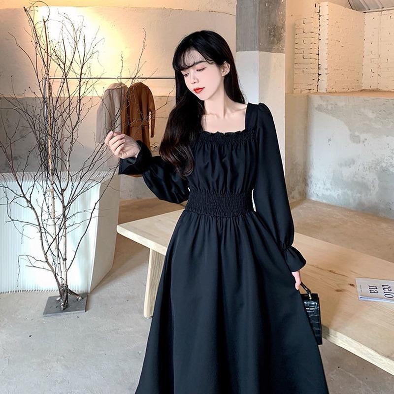 Mode Temperament Hepburn Stil Französisches Quadratkragen Kleid Schwarz Taille Schlank A-Linien Rock Langarm Kleines Schwarzes Kleid