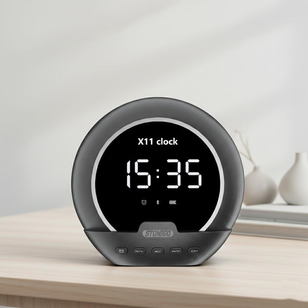 

Портативная Bluetooth-колонка TWS с мощным сабвуфером, будильником, держателем для телефона, термометром, цифровое мини-аудиоустройство чёрный