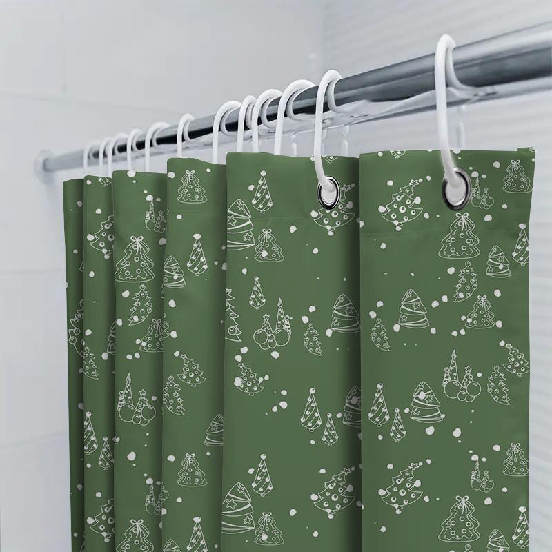 Christmas Tree Shower Curtain Green White Patterned Bathroom Decor Waterproof Fabric Shower Door Curtains Set With Hooks 180X245