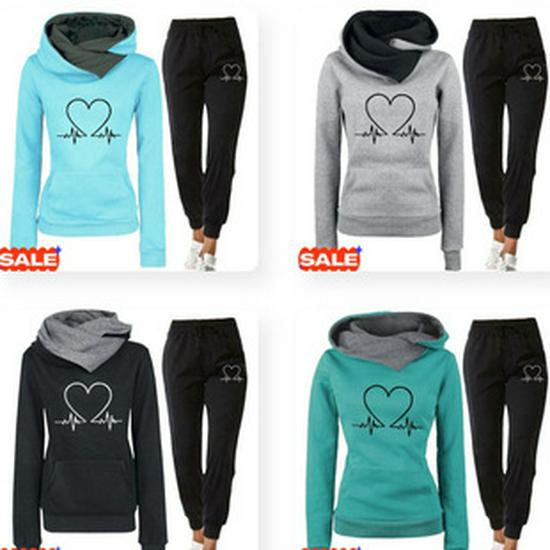 Women's Heartbeat Print Hoodie & Sweatshirt Sportswear Set - Spring/Autumn Casual Style