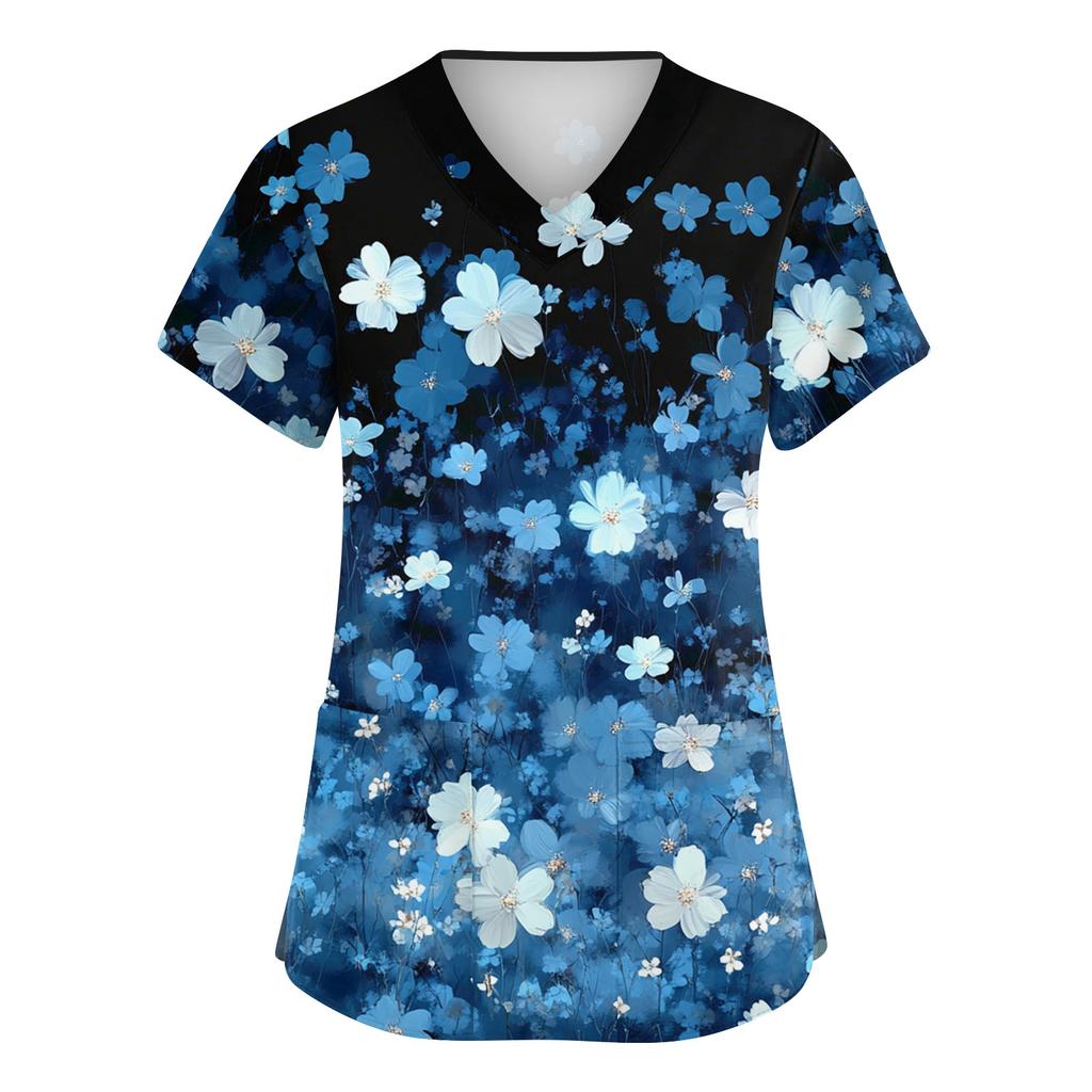 Women's Fashionable V-neck Workwear Printed Short Sleeved Pocket Side Slit Workwear Basic Pullover Top