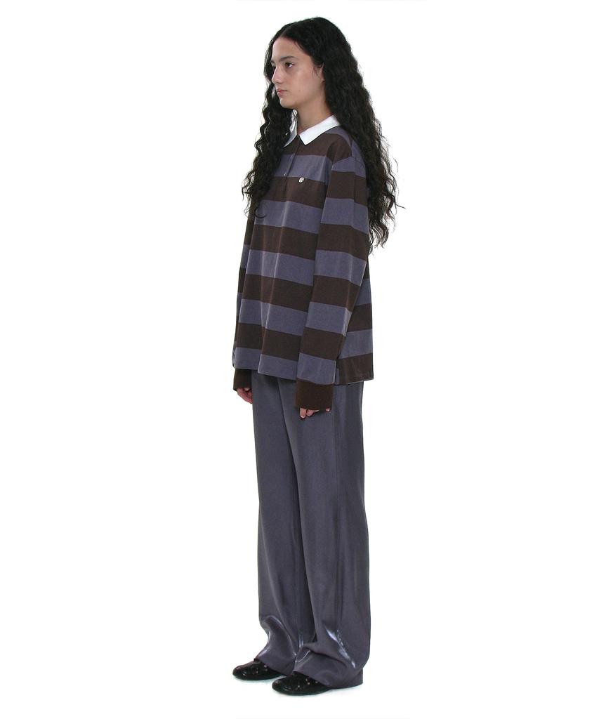 PARTIMENTO WOMEN Wide Stripe Long Sleeve Polo Tee_Brown