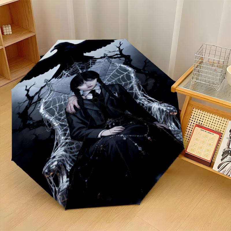Wednesday Addams Winddichter Automatischer 8-Rippen-Faltregenschirm Tragbarer Outdoor-Sonnenschirm