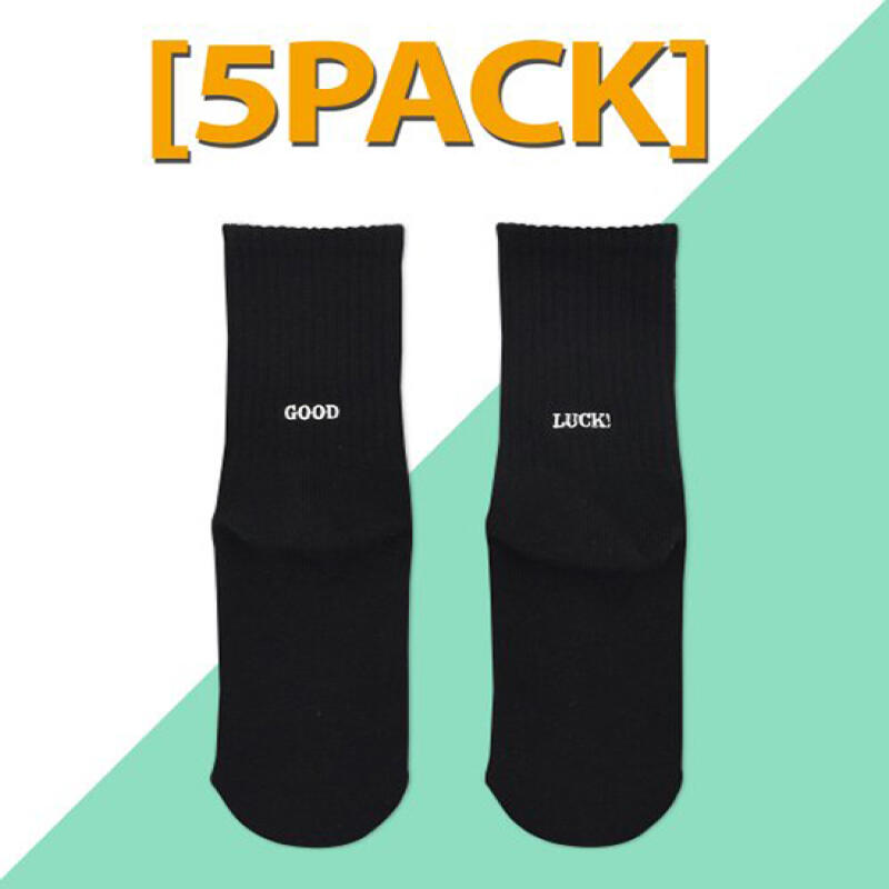 

[5PACK] Unisex Heel Point GOOD/LUCK Socks - Black Black 5-legged