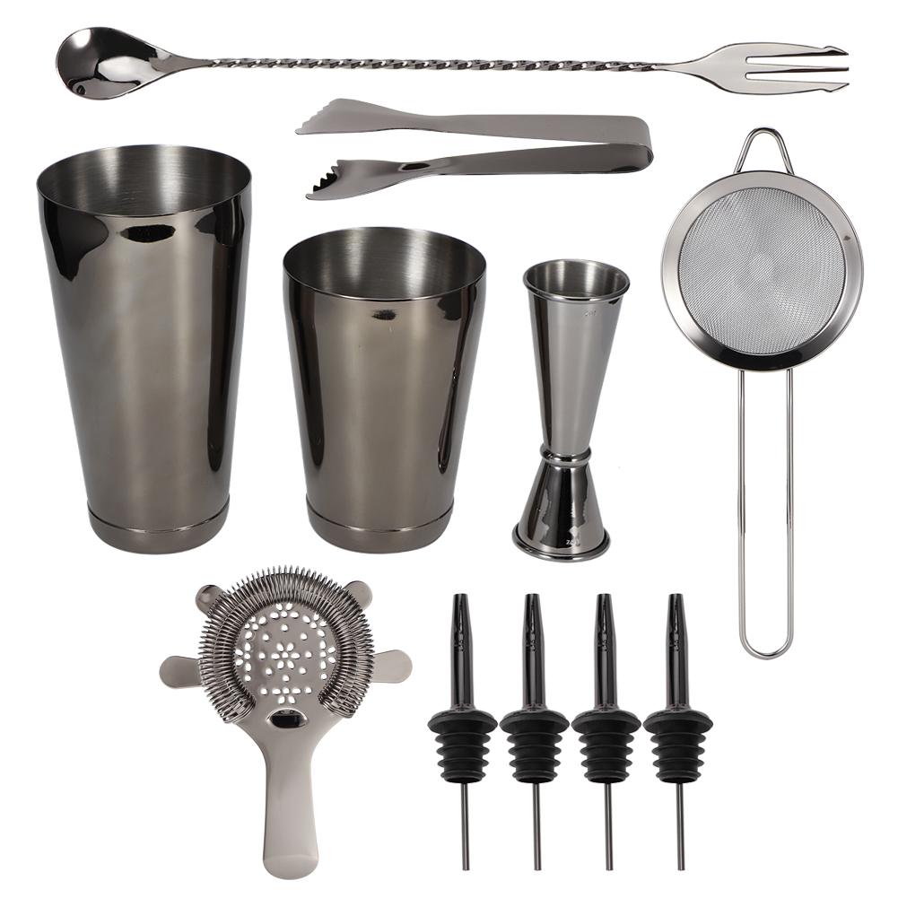11-teiliges/Set Multifunktions-Cocktailshaker-Werkzeugset aus Edelstahl Bar Barkeeper Zubehör Schwarz