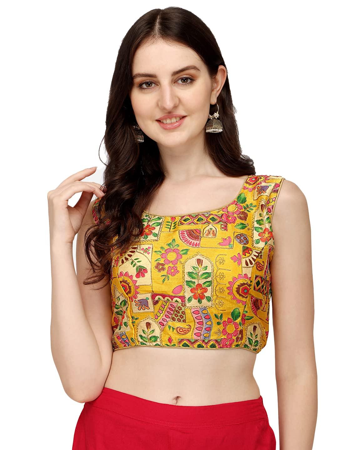 Vihu Fashion Women s Phanotm Silk Floral Sleeveless Saree Blouse (Position Print 1 Blouse_Yellow_38 Size) 38 жёлтый