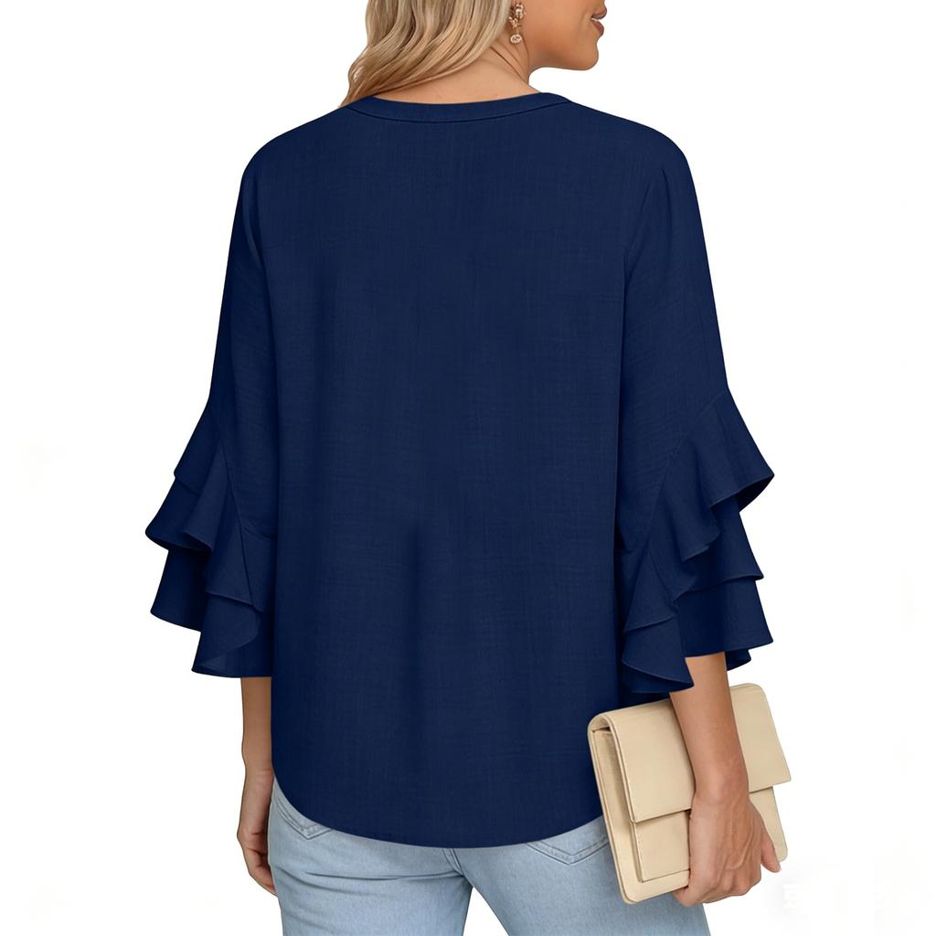 3/4 Ruffle Sleeve Tops Cotton Linen V Neck Blouses Casual Dressy Elegant Shirts Bebonnie Beach Tees