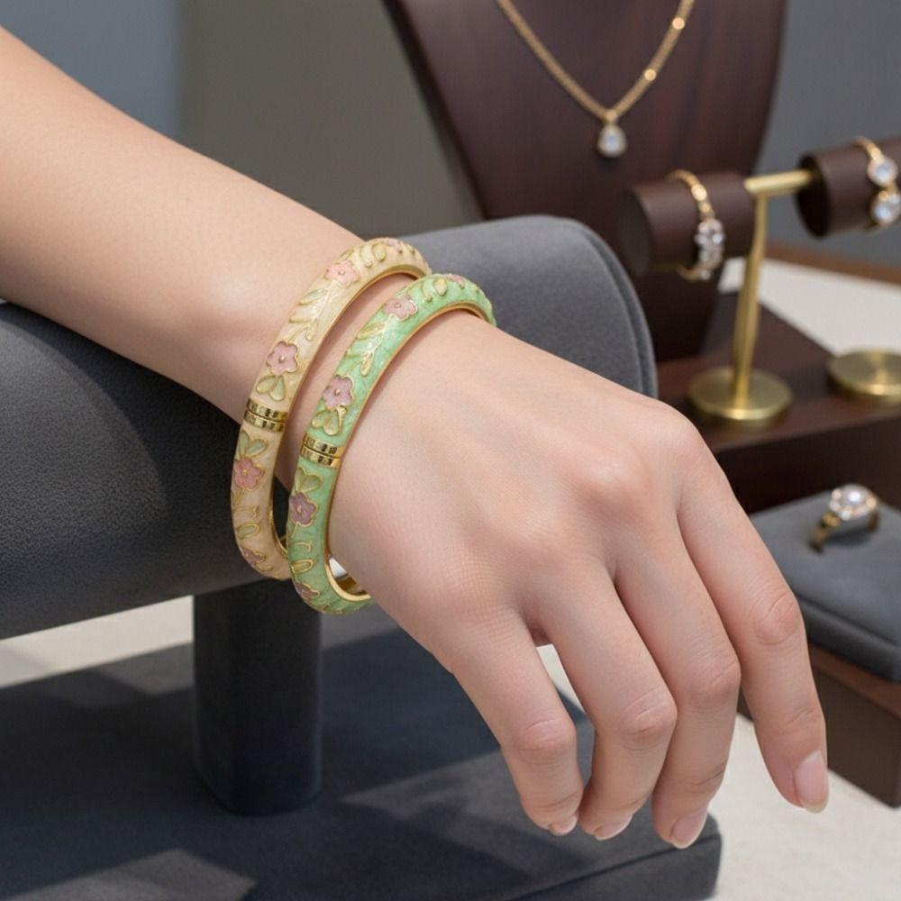 Flower Pattern Blossom Enamel Bracelet Rustic Style Women Bangle Vintage Bracelet  Student