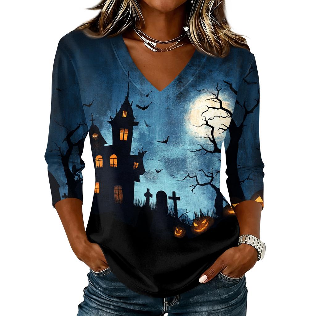 Women's Casual V Neck Halloween Print 3/4 Sleeve T Shirt Top Lightweight Soft Fabric Comfortable Fit Stylish Design for Everyday Wear