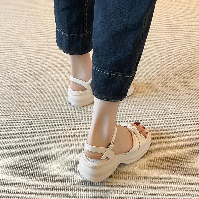 Spot~~ Platform sandals women's summer new bow thick heel with open toes Roman shoes fairy style