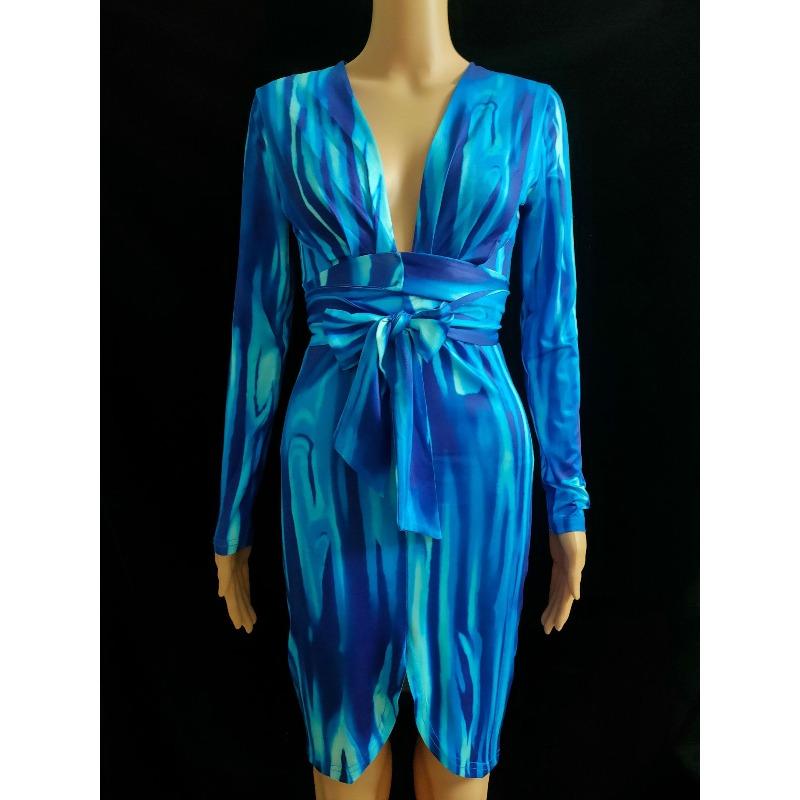 IHUASU Fashion Solid Color Print Long Sleeve V-Neck  Casual Dresses