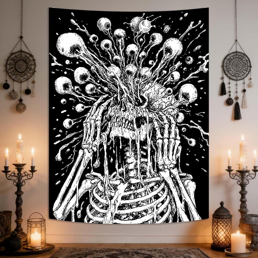 Schwarz Weiß Schädelauge Wandteppich Gothic Horror Wandbehang für Schlafzimmer Wohnzimmer Studentenwohnheim Ästhetischer Raumhintergrund