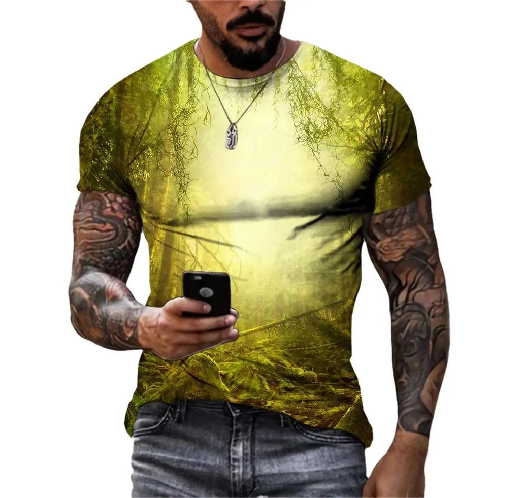 Fashion Casual 3d Printed Nature Landscape Pattern Summer Men Interesting Trend Plus Size Street Personality Harajuku Loose Top