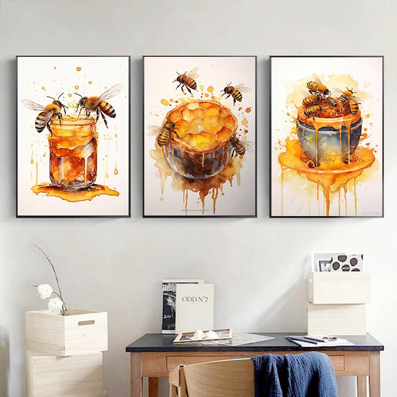 Fresh Bees Collecting Honey And Canned Honey Poster Print Wall Art Pictures Canvas Painting Living Room Bedroom Home Decor Gift