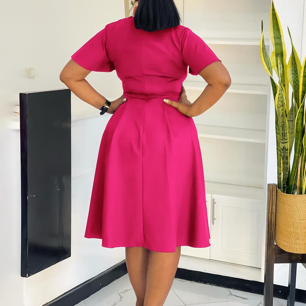 Office Ladies Dresses Short Sleeve Plus Size Xxxl Pleated Mid Calf Fashion Professional Female Dress