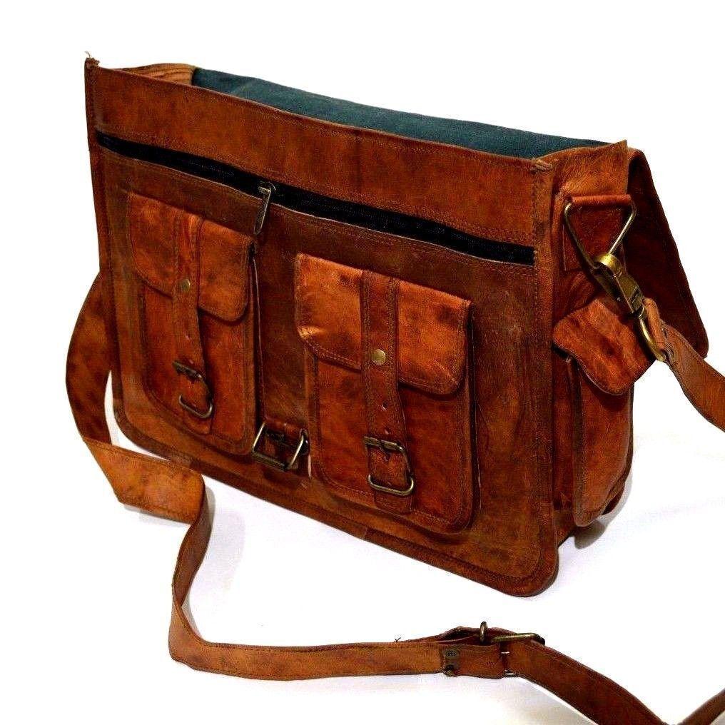 Herr- och damväska i äkta vintage-läder, budväska för laptop, portfölj