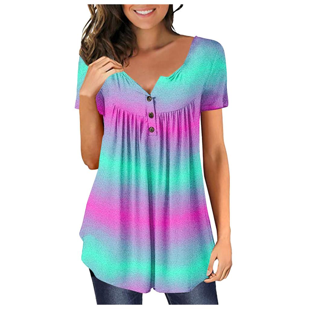 Damen-Pullover, lässig, modisch, Übergröße, bedruckt, kurzärmelig, Knopfleiste, V-Ausschnitt