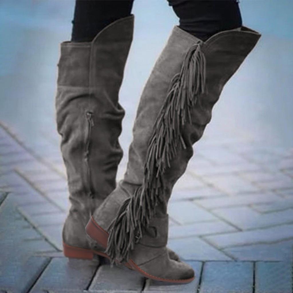 Dames Retro Vetersluiting Lange Laarzen Franje Vintage Knie Vetersluiting Lange Laars Vrouw Winter Mode Katoen Warm Sneeuwschoenen Met Kwastje