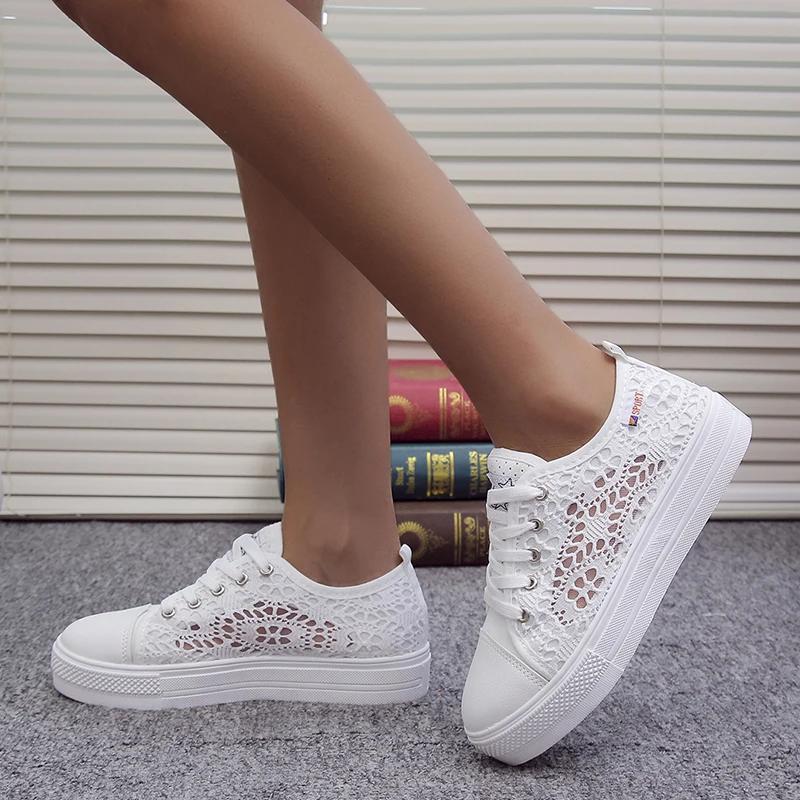 Fashion Women Shoes 2025 Fashion Summer Casual White Shoes Cutouts Lace Canvas Hollow Breathable Platform Flat Shoes Woman Sneakers