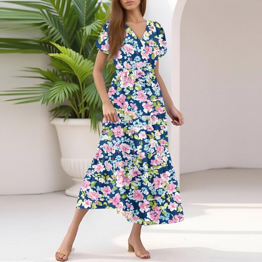Damen Sommer Casual Mode V-Ausschnitt Rüschenärmel Blumendruck Midi-Kleid