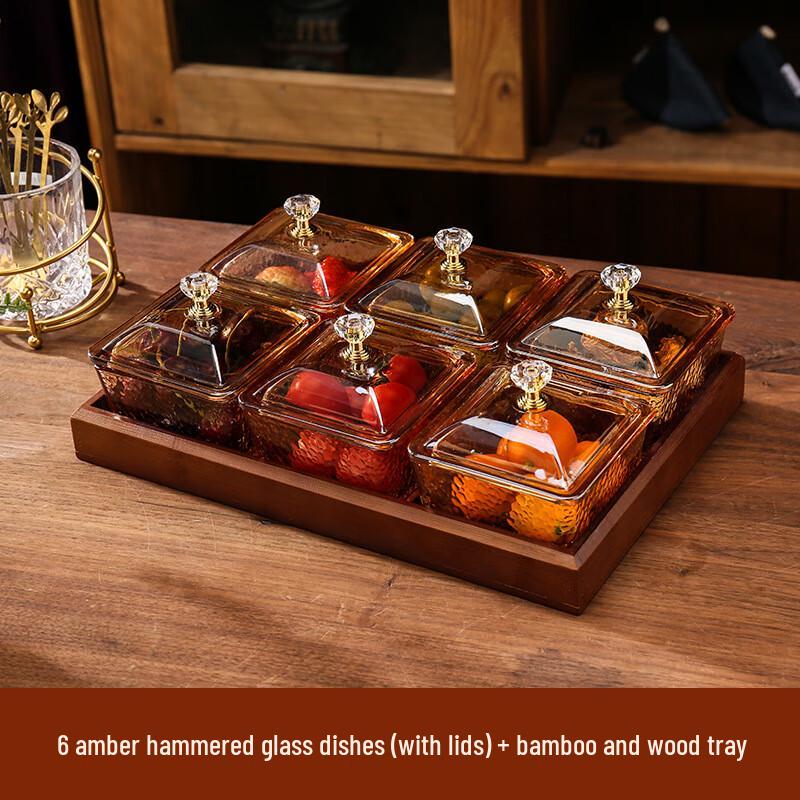 Divided Glass Serving Tray Set with Bamboo Tray 6 Containers, Bamboo Tray & Lid