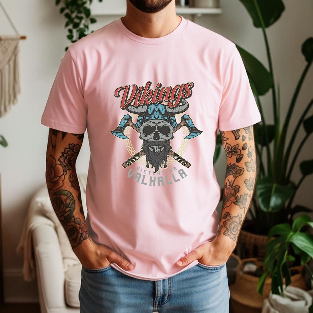 2026 Summer 100 Cotton Vikings Valhalla Graphic Oversized Tee Viking Valhalla Skull Norse Mythology Themed Short Sleeve