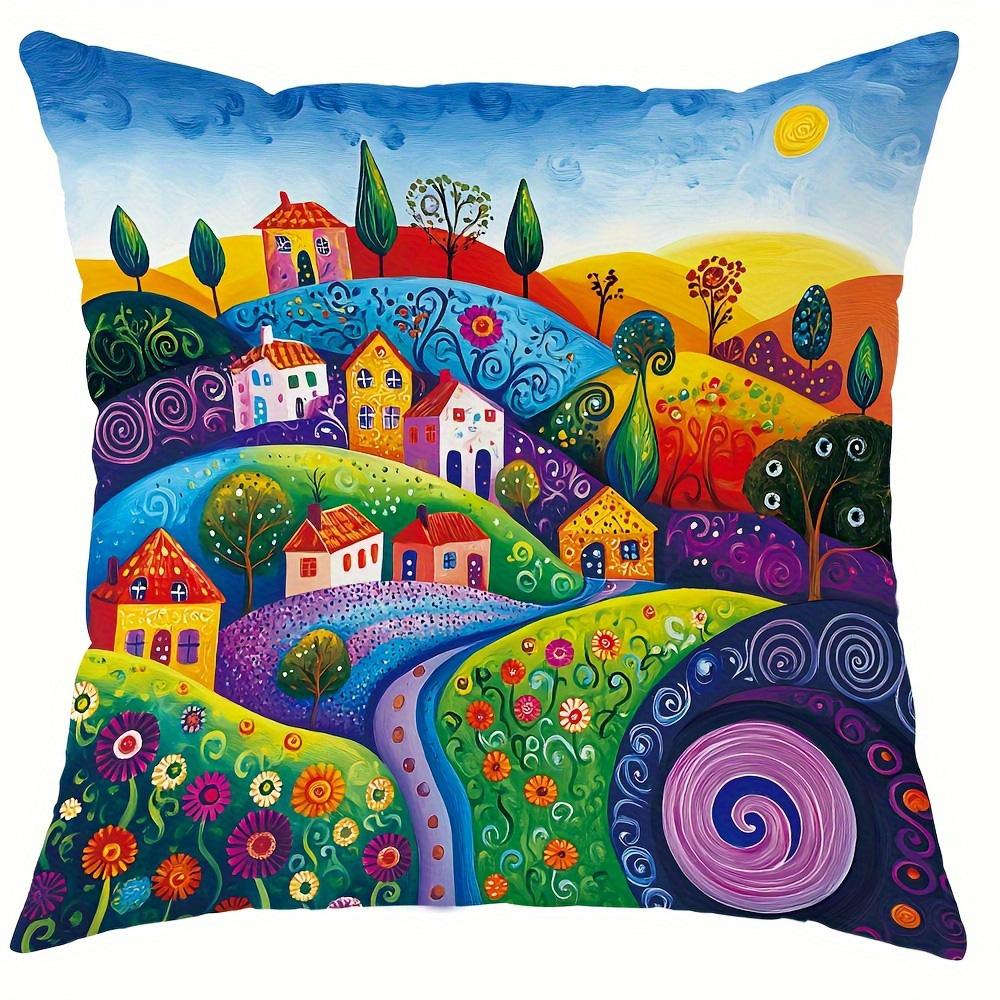 Home Decor Colorful Village And Tree Pattern Pillow Covers Pattern Cushion Cover Suitable For Sofa Bedroom Car Pillow Cover