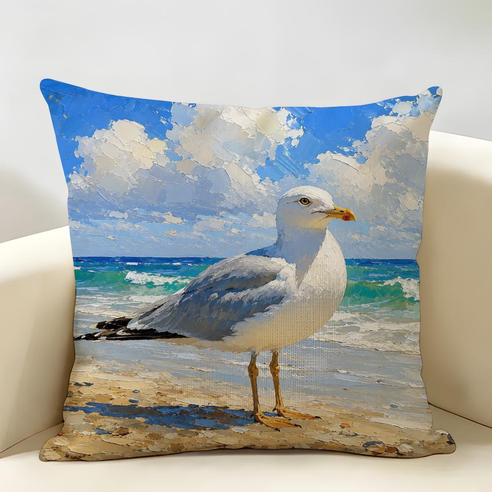 Seagulls On Beach Oceanic Artistic Cushion Cover Durable Hypoallergenic Organic Linen Pillow Cover Washable Skin-Friendly