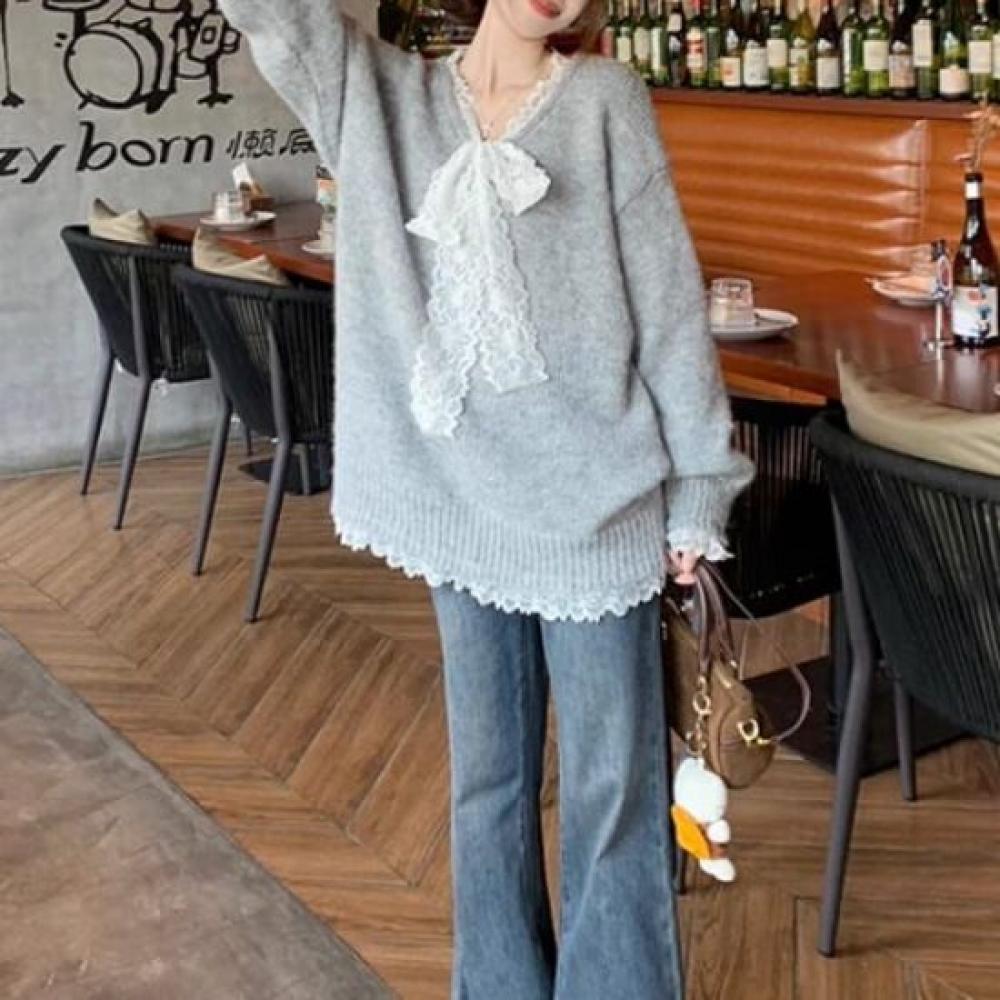 Navava Women Lovely Lace Ribbon Long Sleeve Knit Tee Nk2782